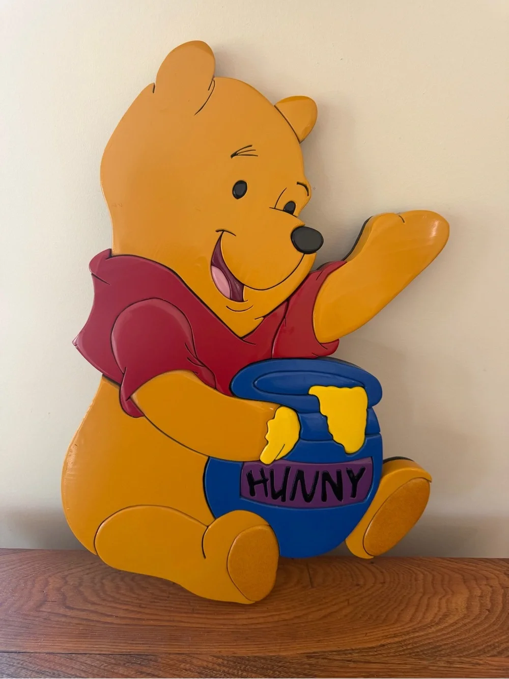 Vintage 14 x 20 wooden Winnie the Pooh Wall Art with Hunny Pot - Yellow & Blue